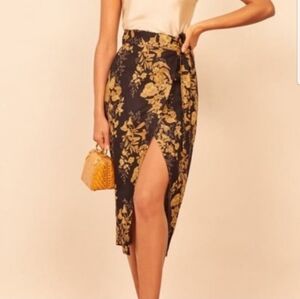 Reformation Black and Gold Floral Midi Skirt